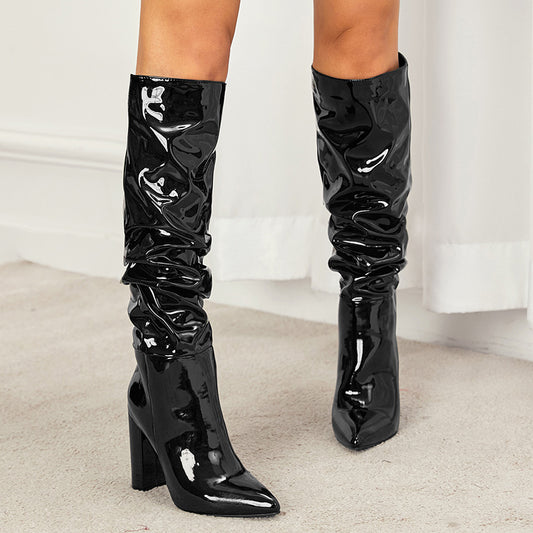 Pointed Toe Chunky Heel Leather Boots